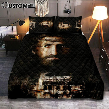 Jesus Christ Crown Of Thorns Bedroom Quilt Bedding Set - Jesus Portrait Quilt Bedding Set Prints - Christian Bedroom