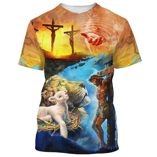 Jesus Christ Crucified Lion And The Lamb All Over Print 3D T-Shirt, Gift For Christian, Jesus Shirt