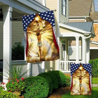 Jesus Christ Crucified On The Cross In American Flag, Outdoor Christian House Flag, Christian Flag, Scripture Flag, Garden Banner