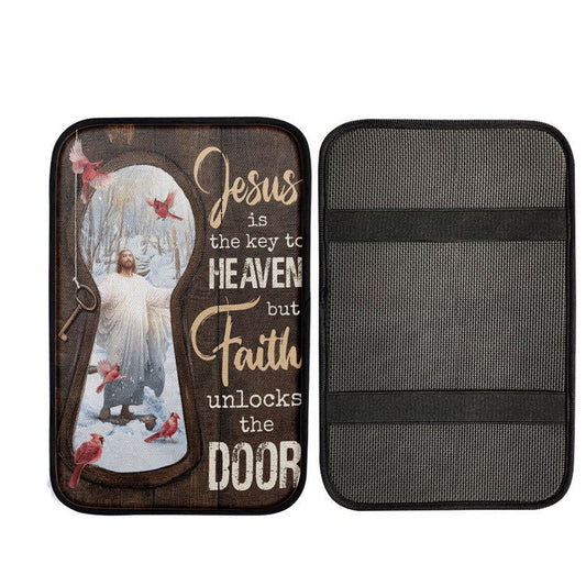 Jesus Christ Northern Cardinal Car Armrest Pad - Jesus Is The Key To Heaven Car Center Console Cover, Christian Car Armrest Accessories