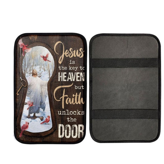 Jesus Christ, Northern Cardinal, Winter Forest, Jesus Is The Key To Heaven Car Center Console Cover, Car Armrest Pad, Christian Gift