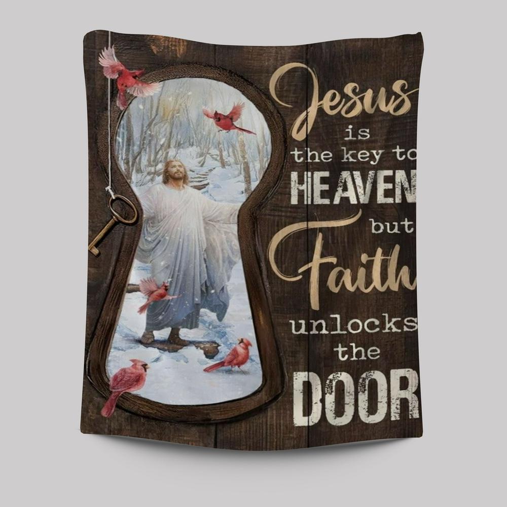 Jesus Christ, Northern Cardinal, Winter Forest, Jesus Is The Key To Heaven Tapestry