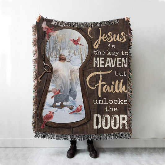 Jesus Christ Northern Cardinal Woven Blanket - Jesus Is The Key To Heaven Woven Blanket Prints - Jesus Christ Woven Blanket Art - Christian Boho Blanket