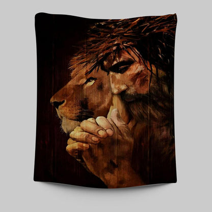 Jesus Christ Prays With Lion Tapestry Prints - Lion Tapestry Art - Christian Inspirational Tapestry