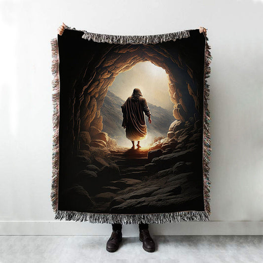 Jesus Christ Rises From Cave Woven Blanket Prints - Religious Woven Blanket Art - Christian Boho Blanket