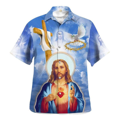 Jesus Christ Sacred Heart Pigeon Hawaiian Shirt For Men, Christian Hawaiian Shirt, Gift For Christian