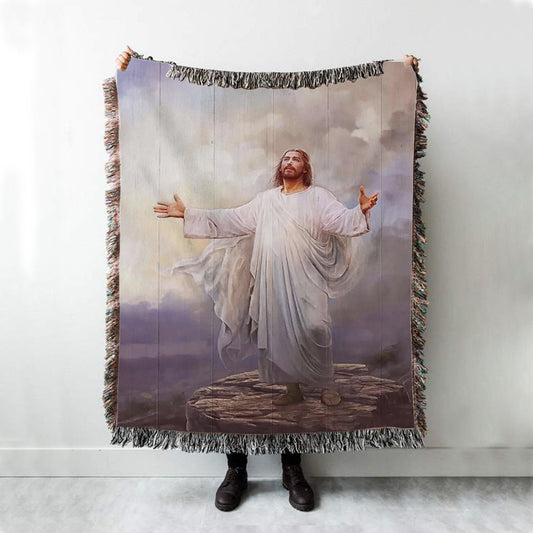 Jesus Christ Spread His Arms Woven Blanket - For This Purpose I Have Come Jesus Woven Blanket Prints - Jesus Christ Woven Blanket Art - Christian Boho Blanket