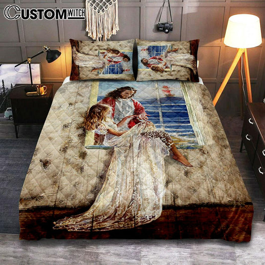 Jesus Christ The Redeemer Beautiful Girl Blue Ocean Bedroom Quilt Bedding Set - Jesus Portrait Quilt Bedding Set Prints - Christian Bedroom
