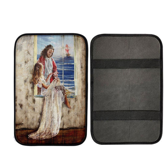 Jesus Christ The Redeemer Beautiful Girl Blue Ocean Car Center Console Cover, Christ Car Armrest Accessories