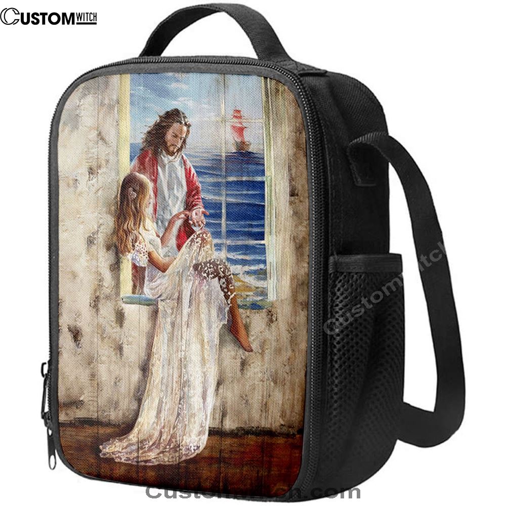 Jesus Christ The Redeemer Beautiful Girl Blue Ocean Lunch Bag, Christian Lunch Box For School, Picnic