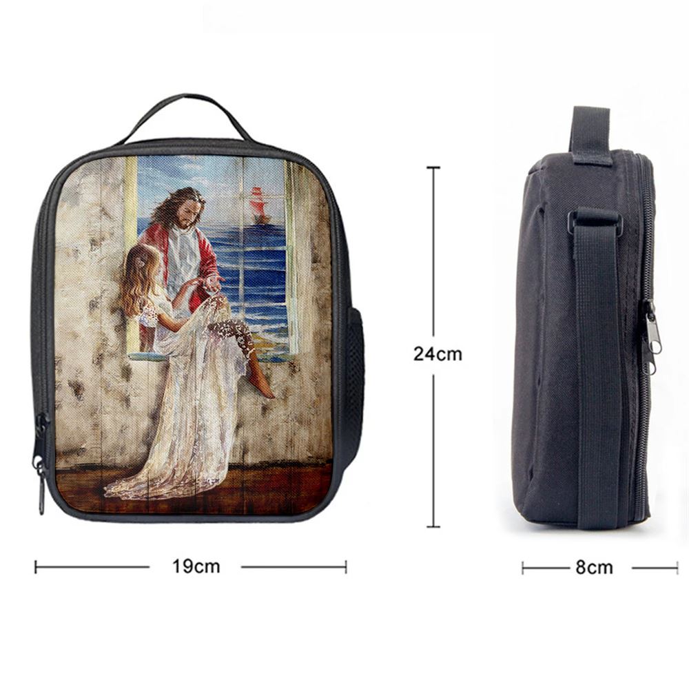 Jesus Christ The Redeemer Beautiful Girl Blue Ocean Lunch Bag, Christian Lunch Box For School, Picnic