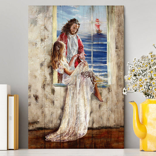 Jesus Christ The Redeemer Beautiful Girl Blue Ocean Wall Art Canvas - Jesus Portrait Canvas Prints - Christian Wall Art