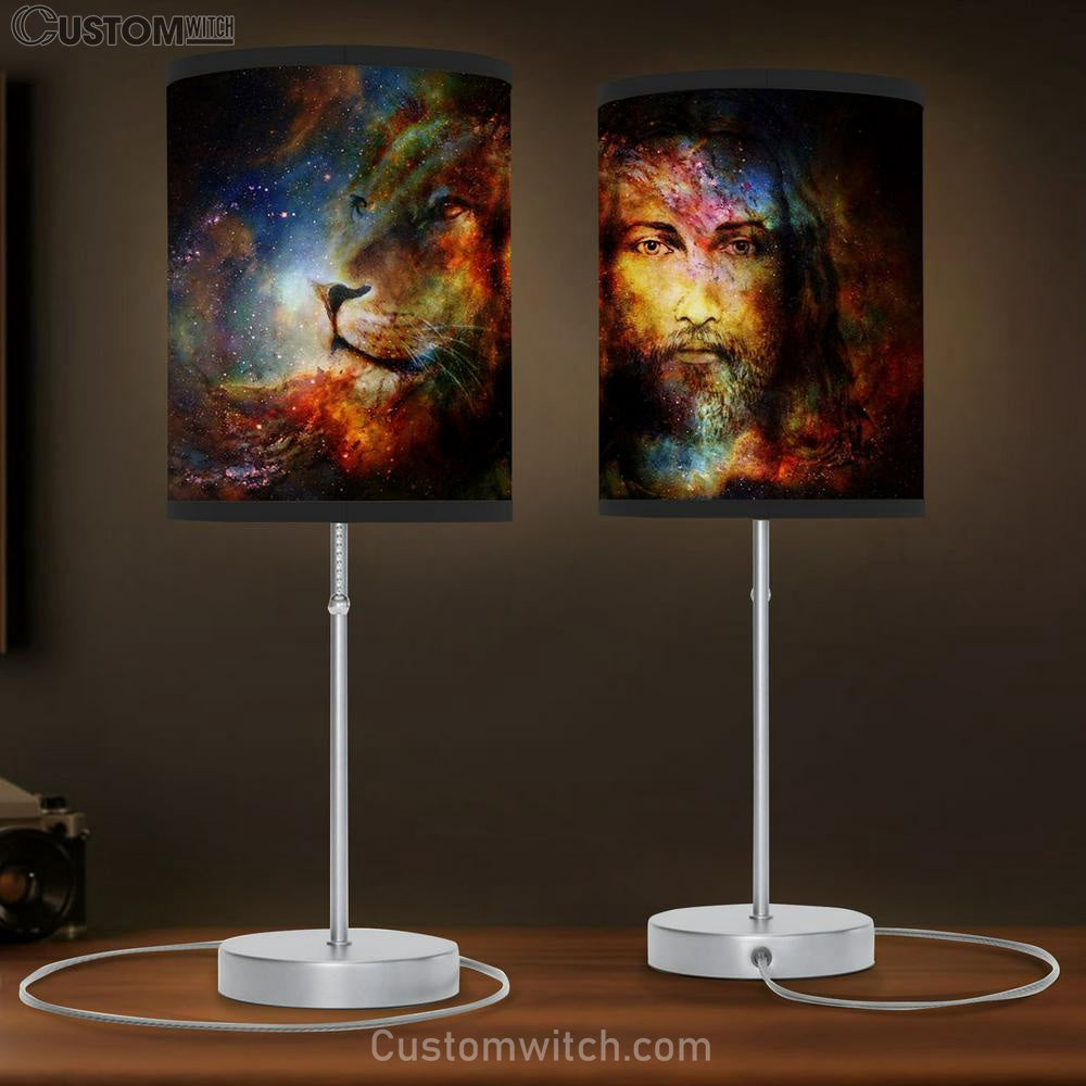 Jesus Christ With A Lion Of Judah In Cosmic Space Table Lamb Prints - Religious Wall Decor - Christian Table Lamb Gift