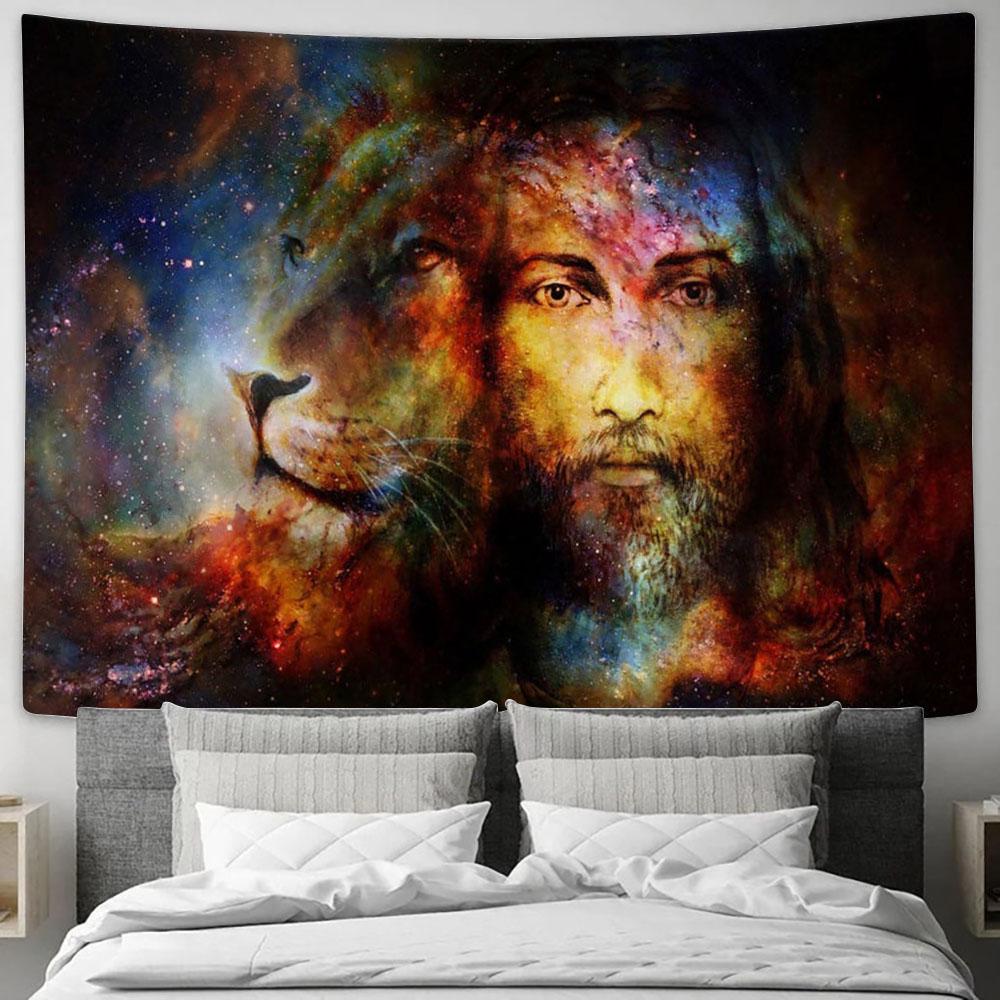 Jesus Christ With A Lion Of Judah In Cosmic Space Tapestry Print - Inspirational Tapestry Art - Scripture Wall Art