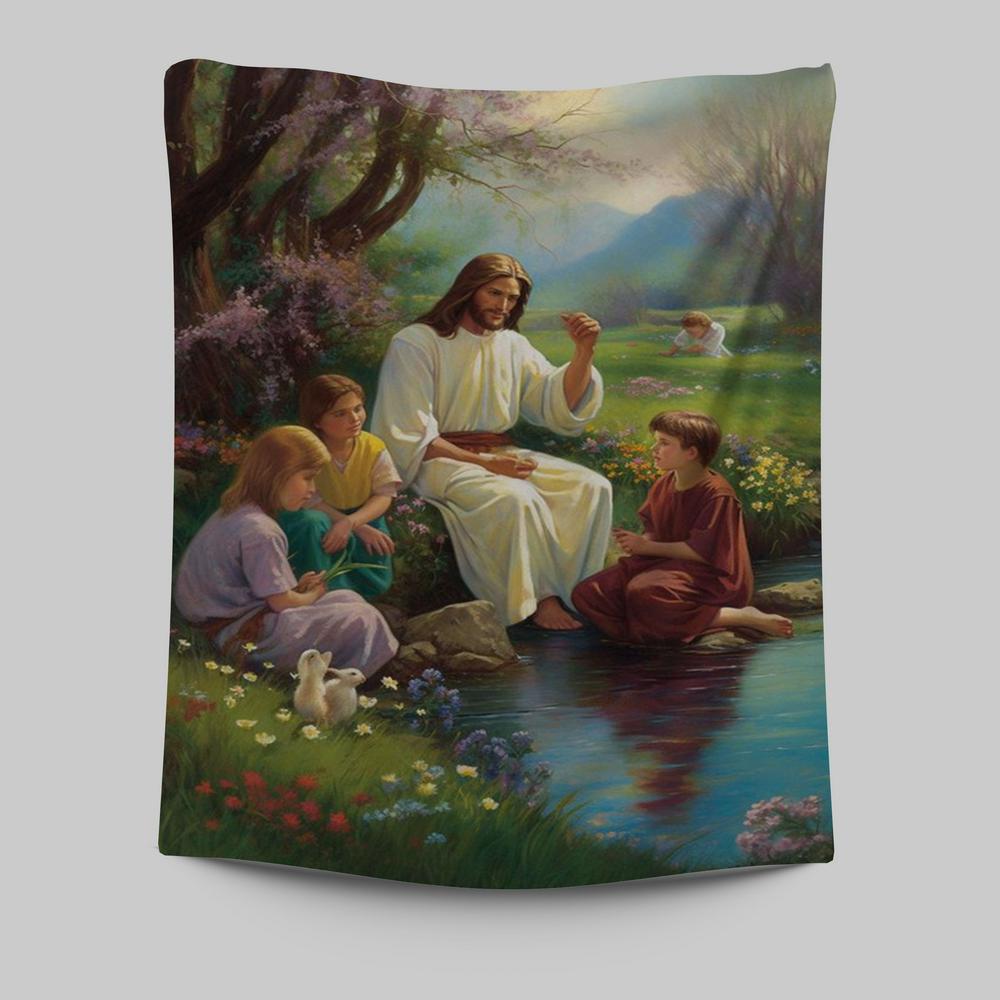Jesus Christ With Children Tapestry Prints - Jesus Tapestry Art - Christian Wall Art Decor