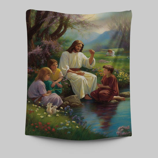Jesus Christ With Children Tapestry Prints - Jesus Tapestry Art - Christian Wall Art Decor