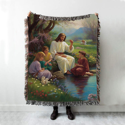 Jesus Christ With Children Woven Blanket Prints - Jesus Woven Blanket Art - Christian Throw Blanket Decor