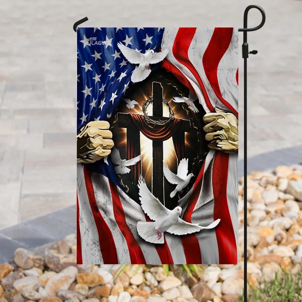 Jesus Christ With Cross American House Flags With Dove House Flags, Christian Flag, Scripture Flag, Garden Banner