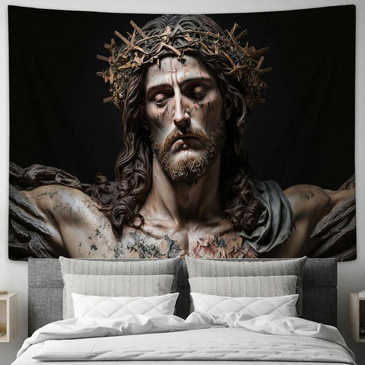 Jesus Christ With Crown Thorns Tapestry Pictures - Faith Art - Christian Tapestry Wall Art Decor