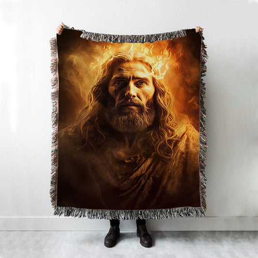 Jesus Christ With Fire Woven Blanket Prints - Jesus Woven Blanket Art - Christian Throw Blanket Decor