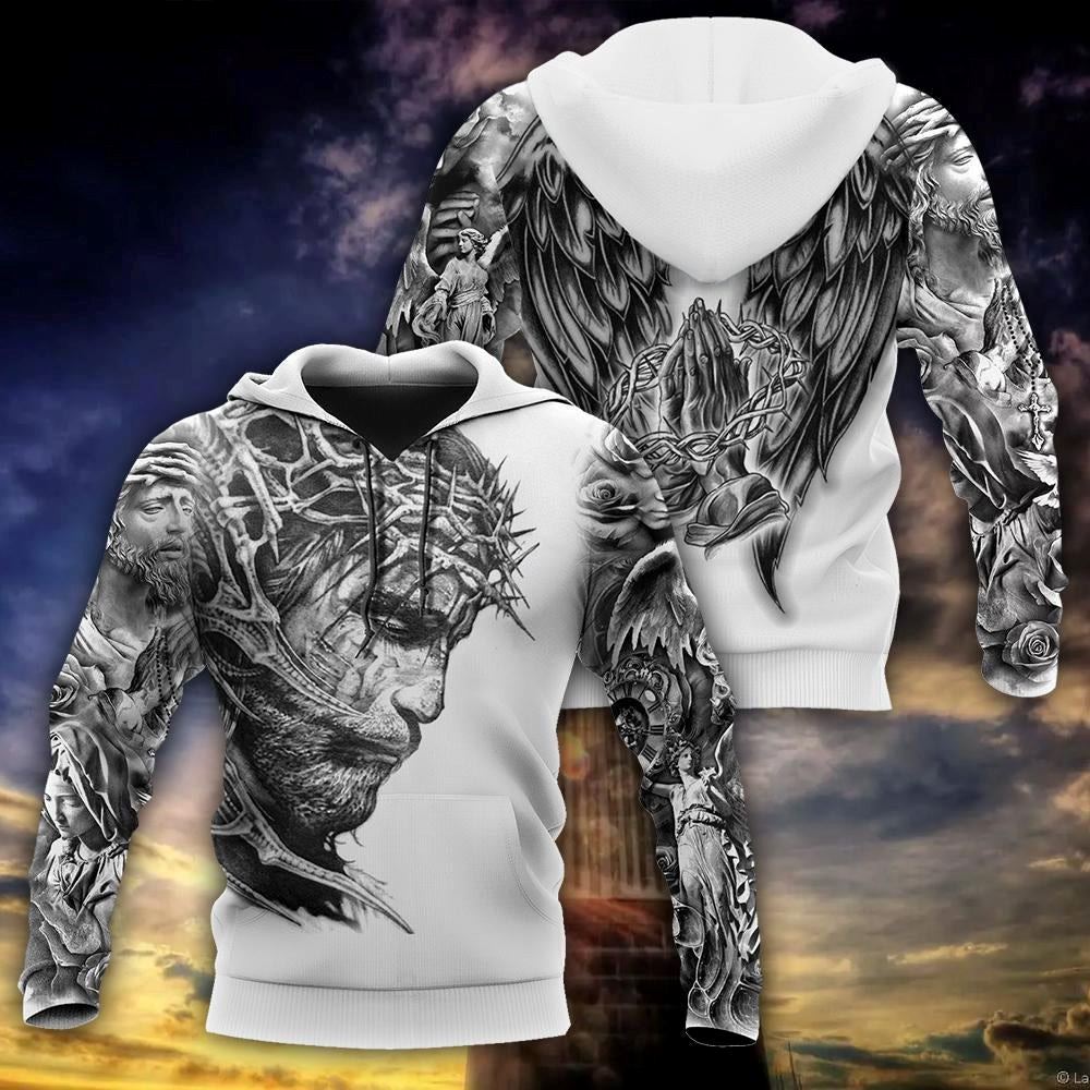 Jesus Christ With Wings Tattoo God 3D Hoodie For Man And Women, Jesus Printed 3D Hoodie