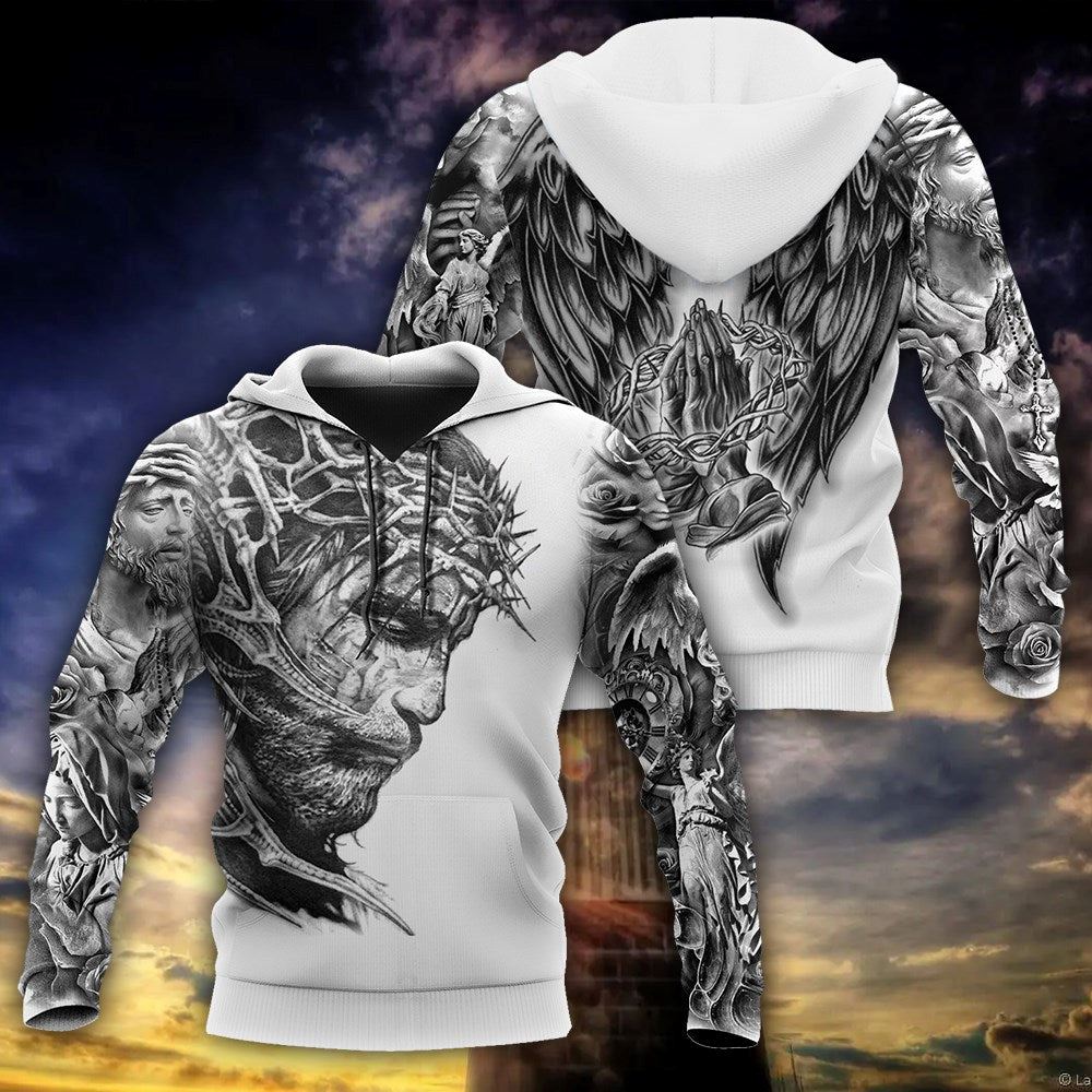 Jesus Christ With Wings Tattoo Hoodie Men & Women, God 3D Printed Hoodie, Christian Apparel Hoodies