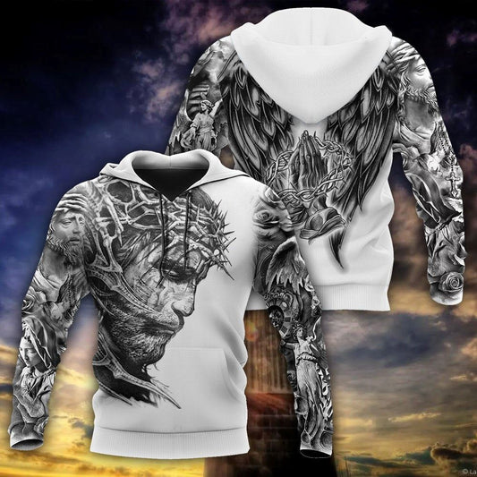 Jesus Christ With Wings Tattoo Hoodie Men & Women, God 3D Printed Hoodie, Christian Apparel Hoodies