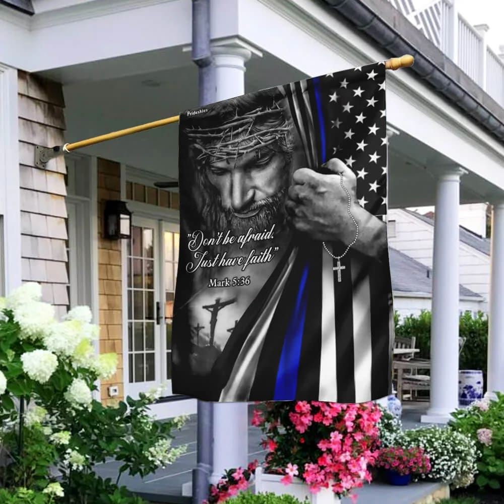 Jesus Christian Thin Blue Line House Flags, Christian Flag, Scripture Flag, Garden Banner