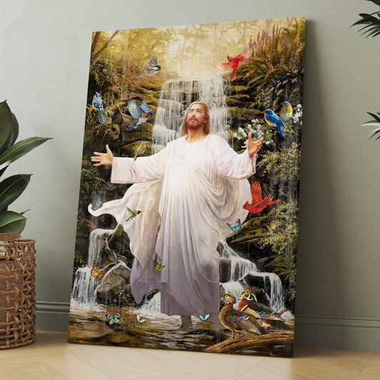 Jesus, Colorful Birds, Forest Stream, Scenery Painting Canvas, Christmas Gift for Christian