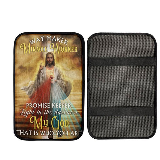 Jesus Colorful Halo Sunset Way Maker Miracle Worker Car Center Console Cover, Car Armrest Pad, Christian Gift, Armrest Box Mat