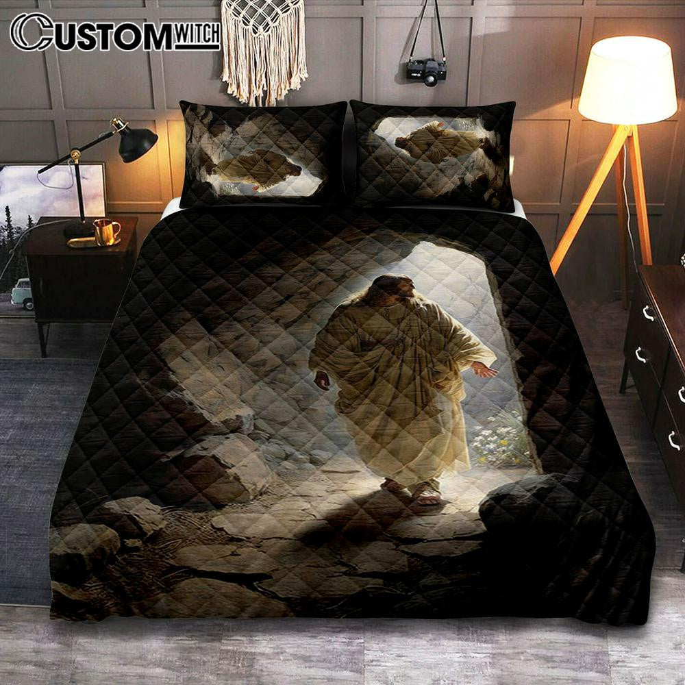 Jesus Come Out From Cave Quilt Bedding Set Prints - Religious Quilt Bedding Set Art - Christian Cover Twin Bedding Decor