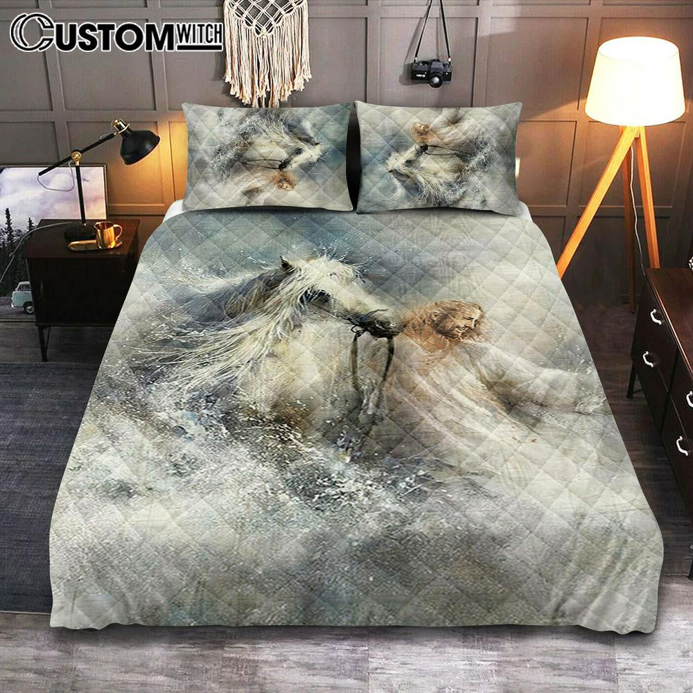 Jesus Comes With A White Horse Bedroom Quilt Bedding Set - Jesus Portrait Quilt Bedding Set Prints - Christian Bedroom