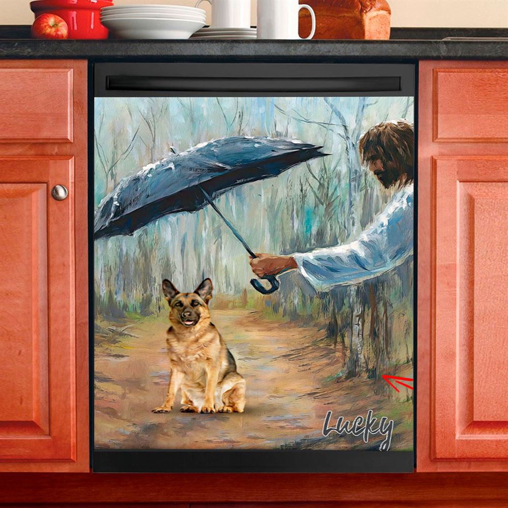 Jesus Covers Umbrella The Dog Custom Dishwasher Cover, Personalized Pet Memorial Dishwasher Stickers, Pet Memorial Gifts