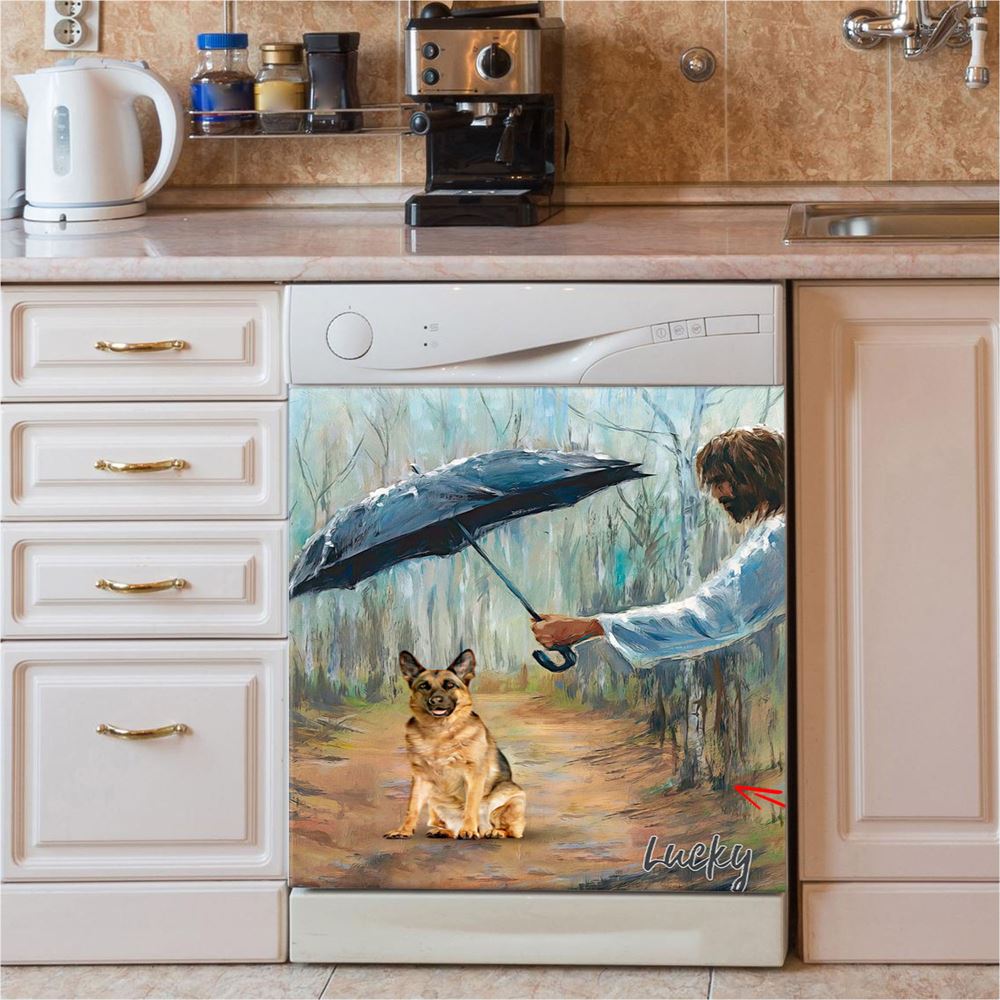 Jesus Covers Umbrella The Dog Custom Dishwasher Cover, Personalized Pet Memorial Dishwasher Stickers, Pet Memorial Gifts