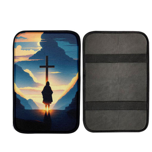 Jesus Cross Front Mountain With Sun Shining It Car Center Console Cover, Christ Car Armrest Accessories