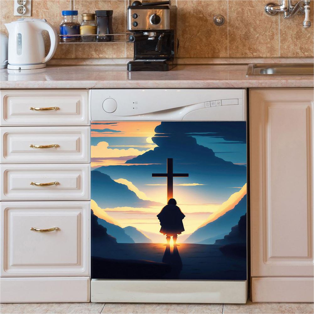 Jesus Cross Front Mountain With Sun Shining It Dishwasher Cover, Religious Dishwasher Stickers, Christian Kitchen Decor