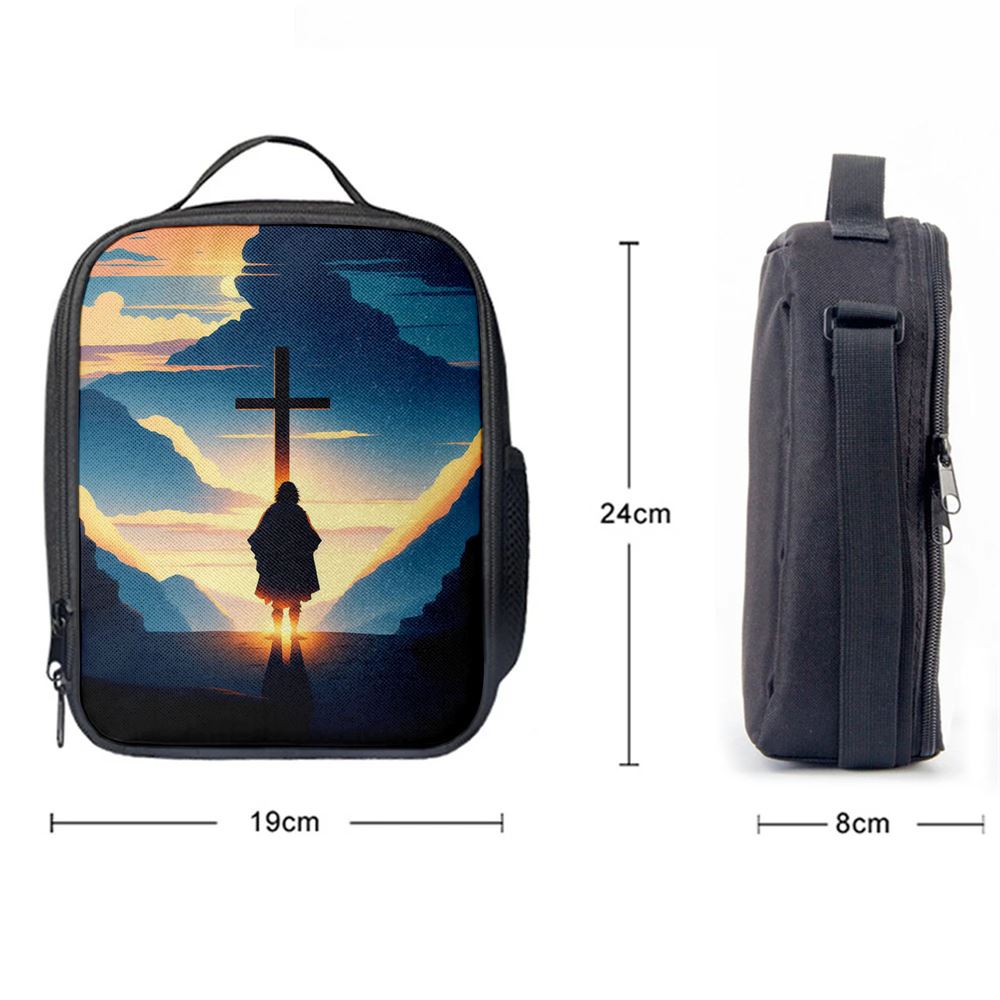 Jesus Cross Front Mountain With Sun Shining It Lunch Bag, Christian Lunch Box For School, Picnic