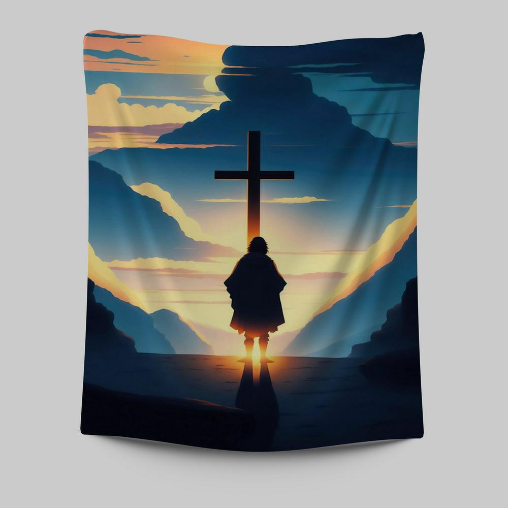 Jesus Cross Front Mountain With Sun Shining It Tapestry Prints - Religious Tapestries Wall Hanging Art - Christian Wall Decor