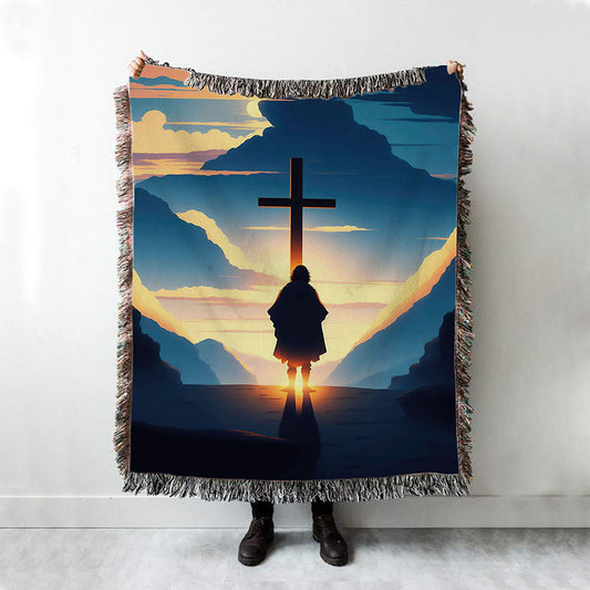 Jesus Cross Front Mountain With Sun Shining It Woven Blanket Prints - Religious Woven Blanket Art - Christian Boho Blanket