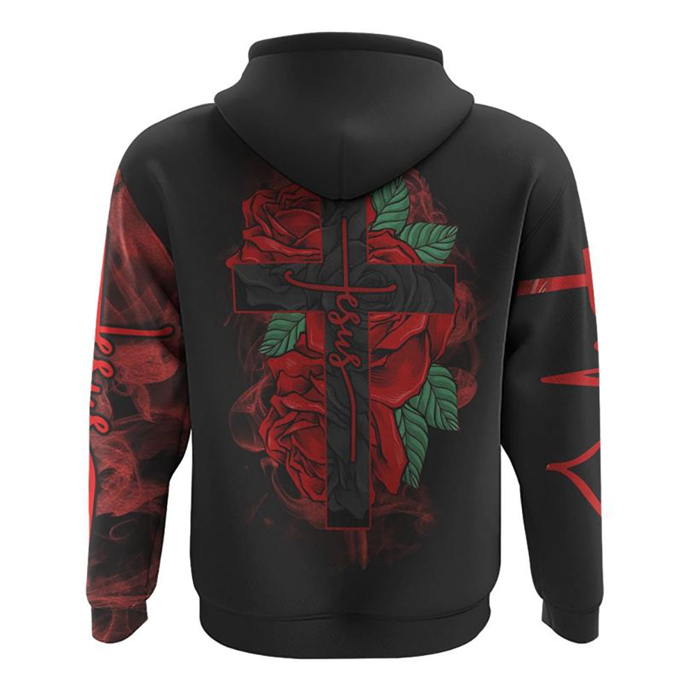 Jesus Cross Red Rose All Over Print 3D Hoodie, Christian Hoodie, Christian Sweatshirt, Bible Verse Shirt