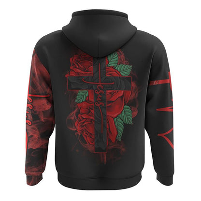 Jesus Cross Red Rose All Over Print 3D Hoodie, Christian Hoodie, Christian Sweatshirt, Bible Verse Shirt