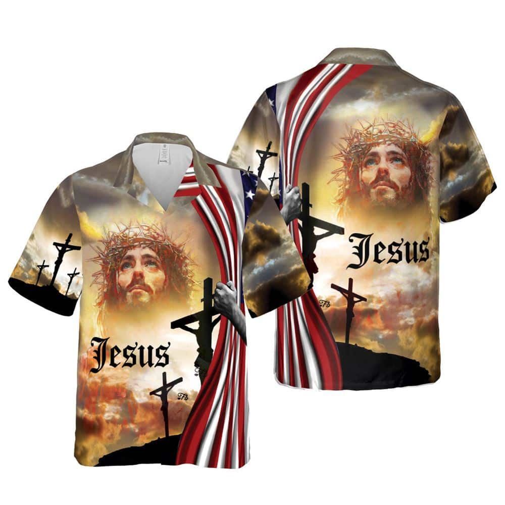 Jesus Cross Religious Christian US Flag Hawaiian Shirt For Men, Christian Hawaiian Shirt, Gift For Christian