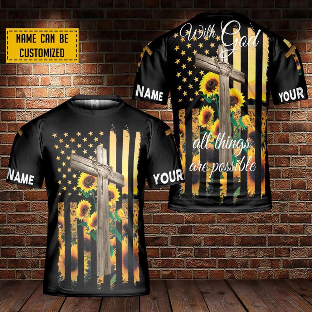 Jesus Cross Sunflower America Custom Name All Over Print 3D T-Shirt, Gift For Christian, Jesus Shirt