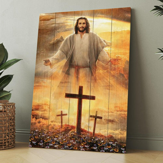 Jesus Cross, Three Wooden Crosses, Daisy Field, Heaven Sky Canvas, Christmas Gift for Christian