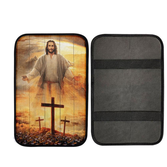 Jesus Cross, Three Wooden Crosses, Daisy Field, Heaven Sky Car Center Console Cover, Car Armrest Pad, Christian Gift, Armrest Box Mat