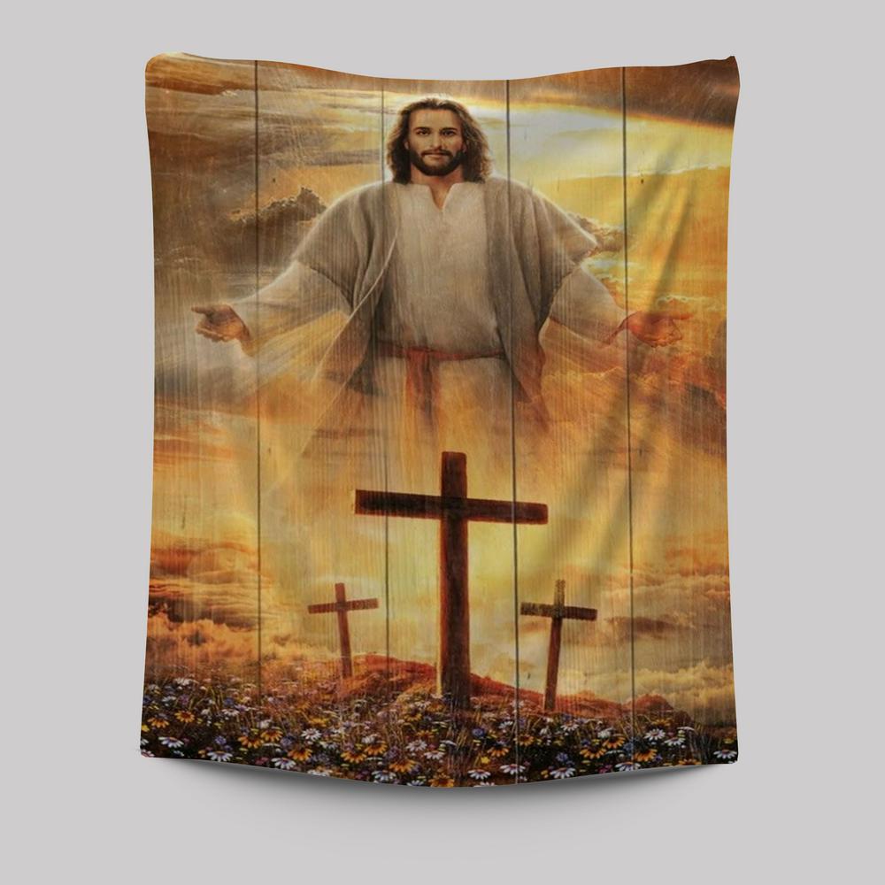 Jesus Cross, Three Wooden Crosses, Daisy Field, Heaven Sky Tapestry