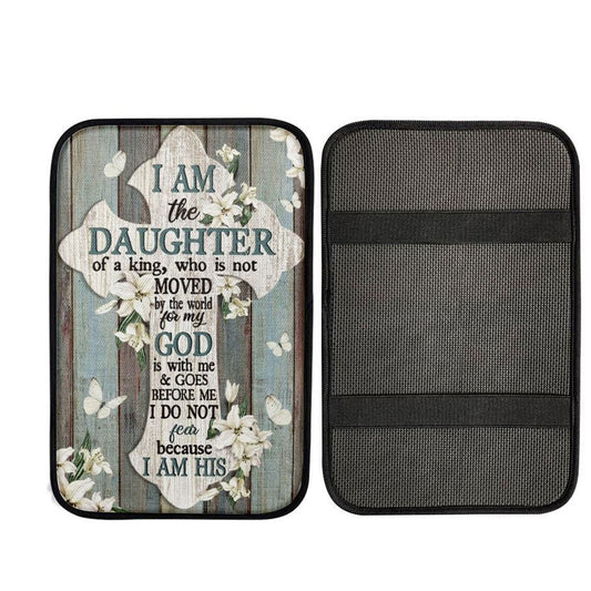 Jesus Cross White Tulip I Am The Daughter Of A King Car Center Console Cover, Car Armrest Pad, Christian Gift, Armrest Box Mat