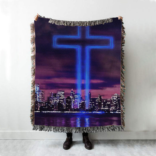 Jesus Cross World Trade Center Building Woven Blanket Prints - Jesus Christ Woven Blanket Art - Christian Boho Blanket