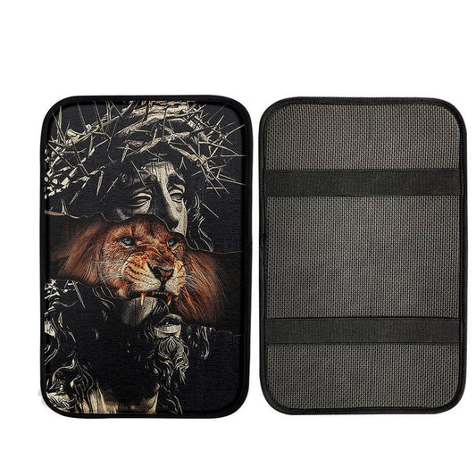 Jesus Crown Of Thorn And Lion Car Armrest Pad, Christ Car Armrest Accessories