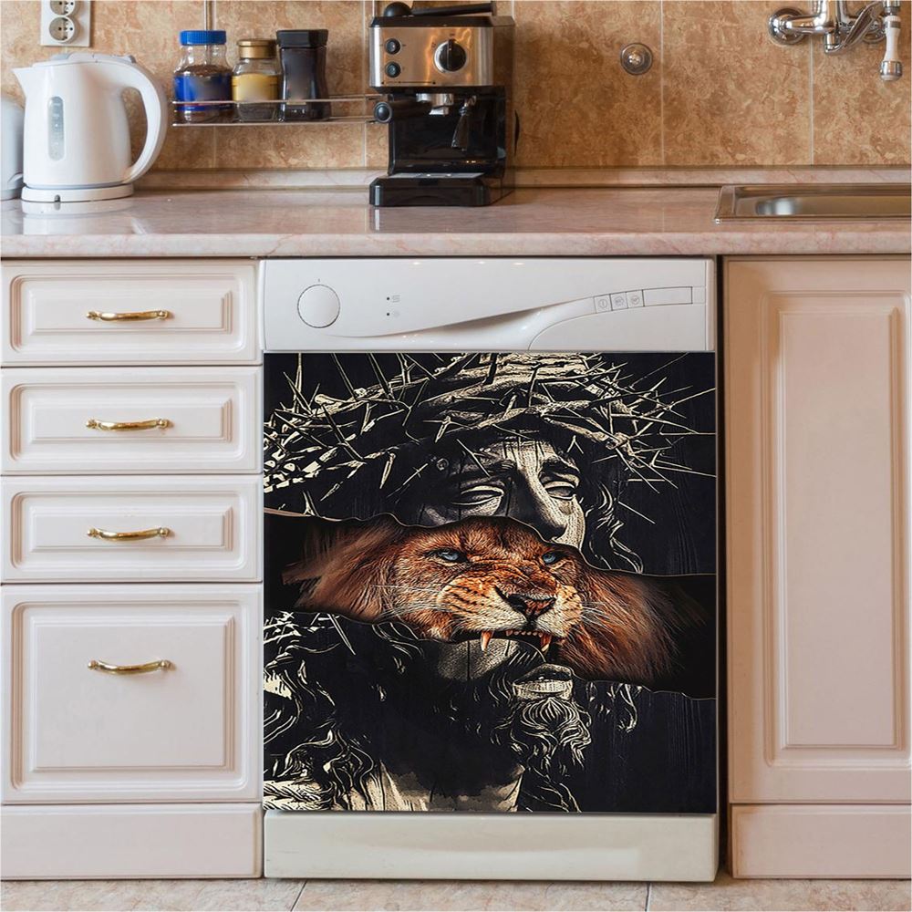 Jesus Crown Of Thorn And Lion Dishwasher Cover, Christian Dishwasher Stickers, Religious Kitchen Decor